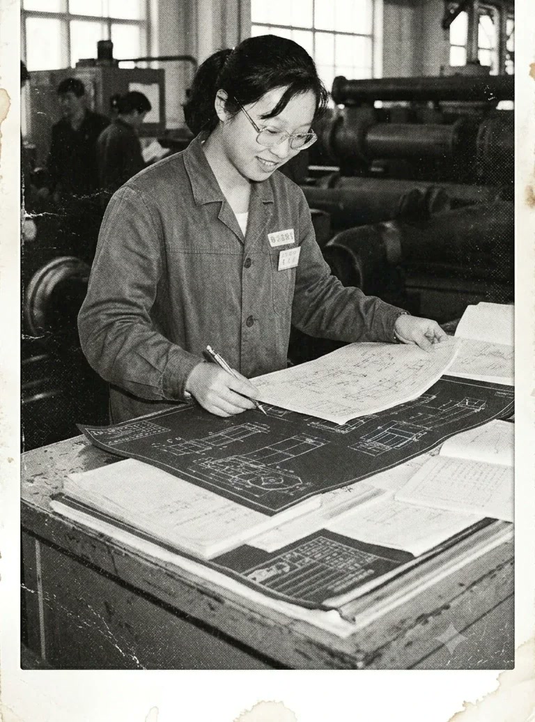 Archival photograph of Tianci's mother working with industrial blueprints