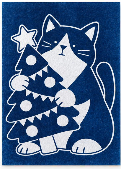 Holiday Cat, Cyanotype postcard by Tianci Dong