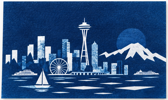 Seattle Skyline, Cyanotype postcard by Tianci Dong