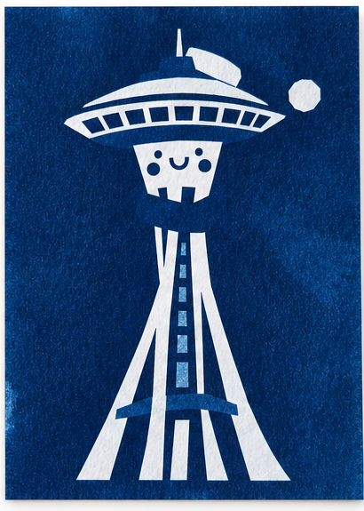 Space Needle Friend, Cyanotype postcard by Tianci Dong